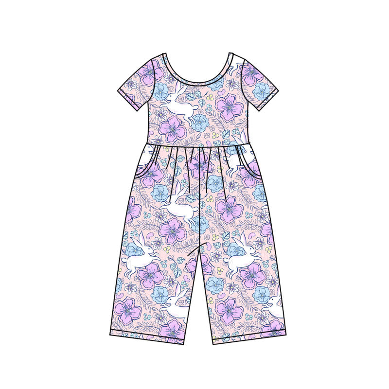 Preorder(moq 8)Baby Girls Purple Blue Flowers Rabbits Pockets Pant Easter Jumpsuits