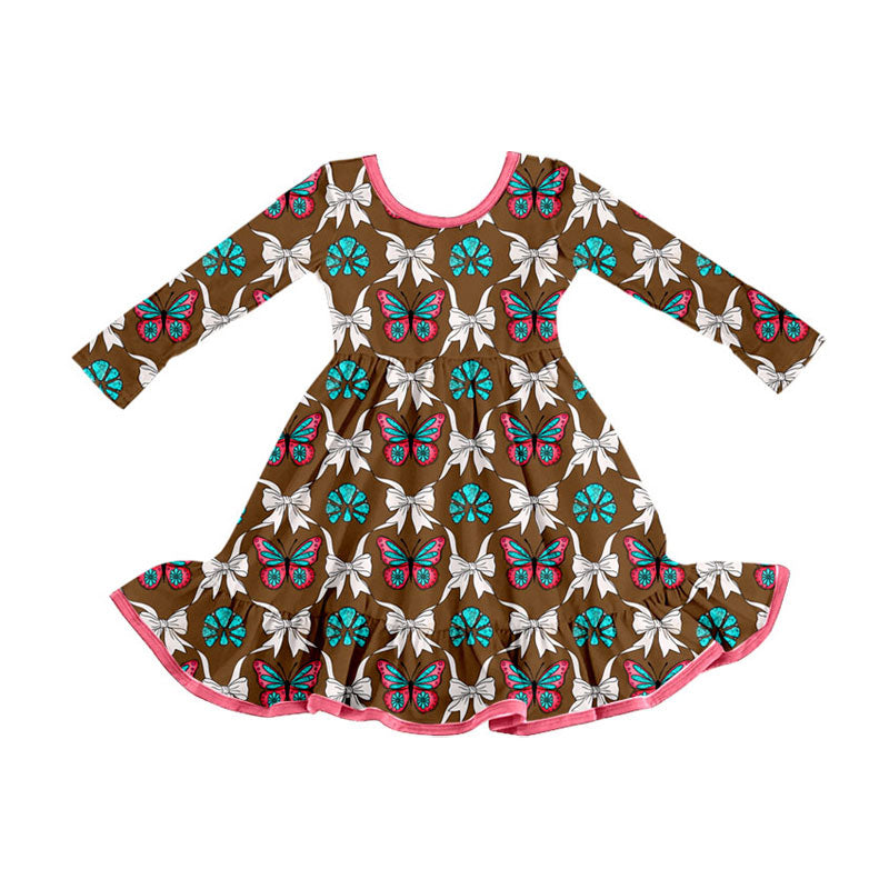 Preorder (moq 5)Baby Girls Butterfly Turquoise Plaid Western Ruffle Knee Length Dresses