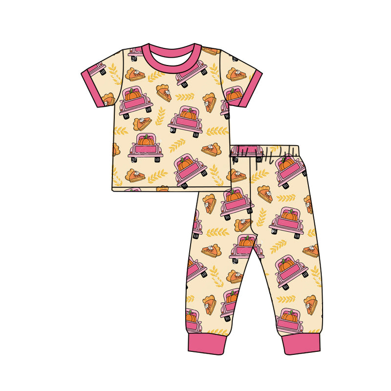 Preorder (moq 5)Baby Girls Pink Short Sleeves Cake Pumpkin Trucks Top Pant Pajamas Set