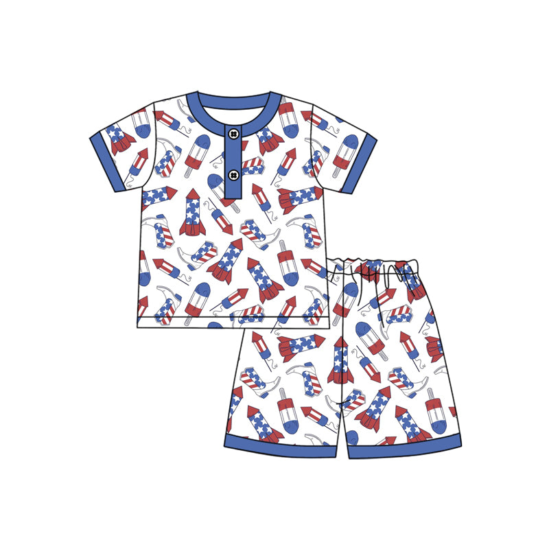 Preorder moq 5 Baby Boys Short Sleeves Button Boots Firework Top Short 4th Of July Pajamas Set