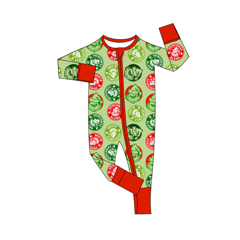 Preorder(moq 5)Baby Infant Boys Long Sleeves Green Face Plaid Christmas Zipper Rompers