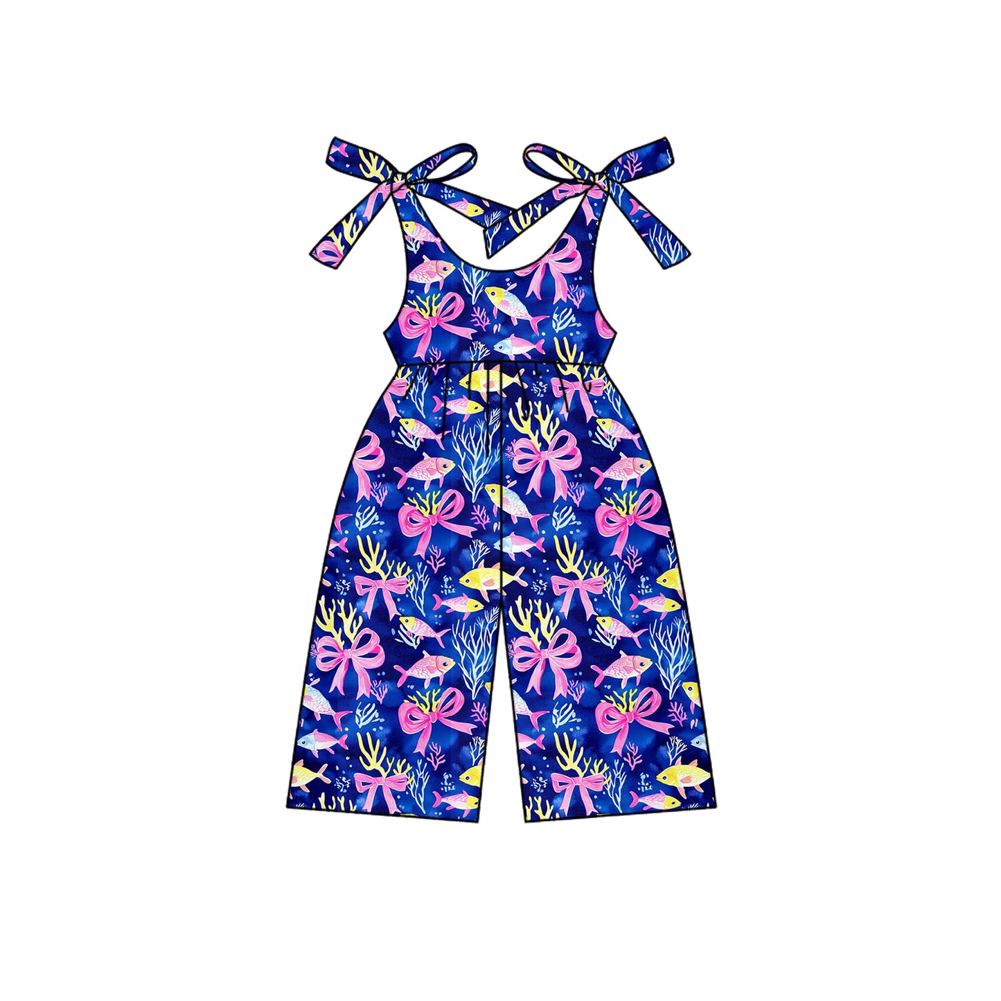 Preorder moq 5 Baby Girls Navy Sleeveless Bows Sea World Jumpsuits
