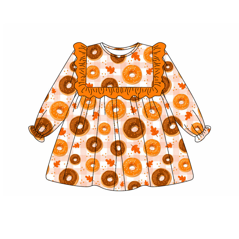 Preorder (moq 5)Baby Girls Long Ruffle Sleeves Orange Plaid Donuts Knee Length Dresses