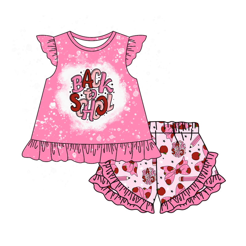 Preorder (moq 5)Baby Girls Back To School Pink Tunic Top Ruffle Shorts Clothes Sets