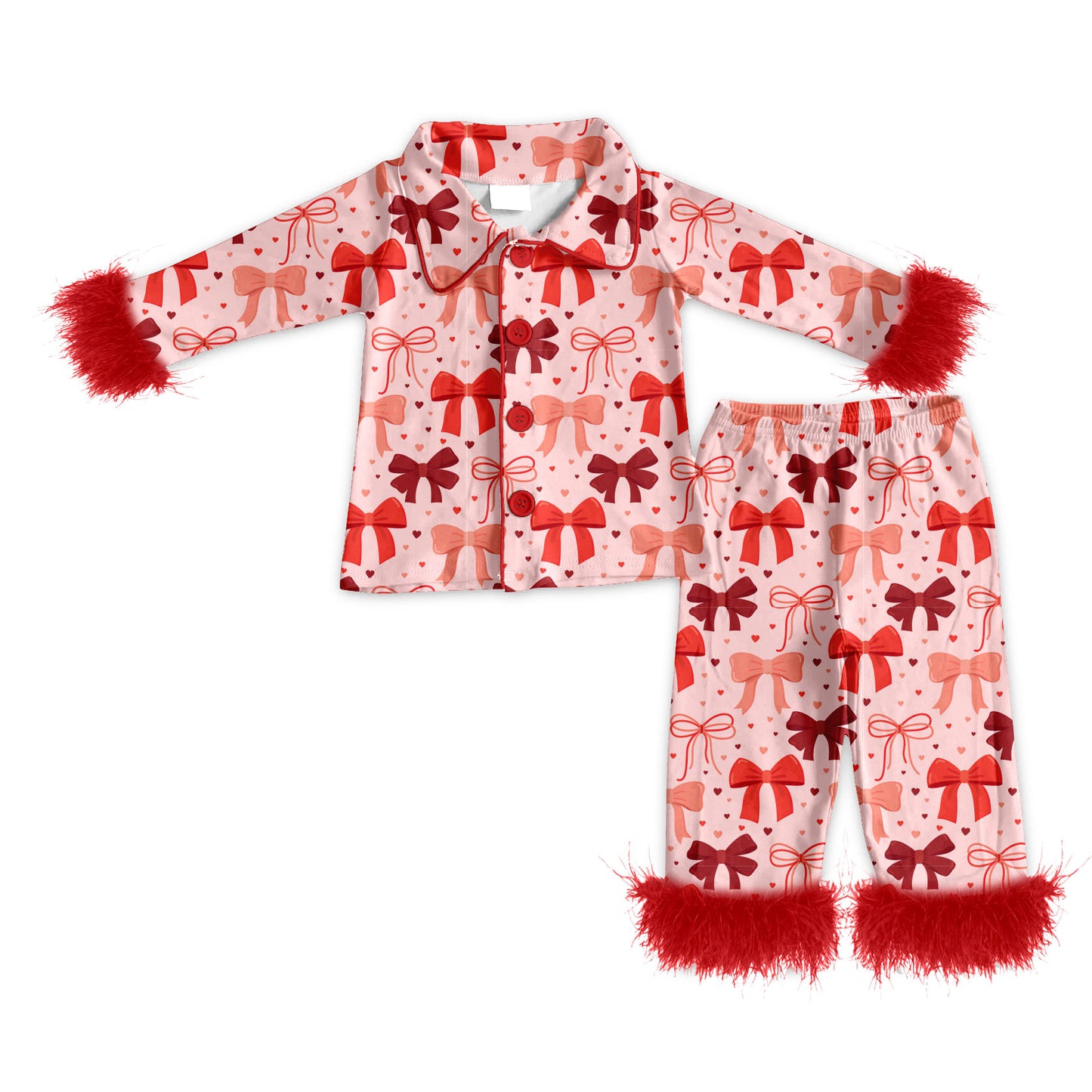 Preorder (moq 5)Baby Girls Bows Hearts Button Top Pants Valentines Fur Sleeve Pajamas Sets