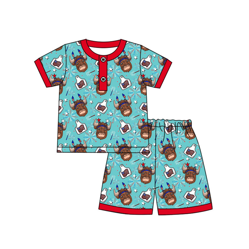 Preorder (moq 5)Baby Boys 4th Of July Shirt Top Highland Cow Shorts Pajamas Clothes Sets