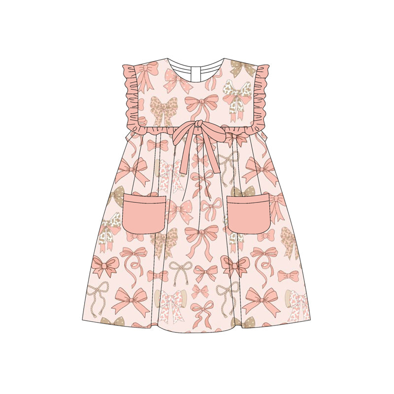 Preorder (moq 5)Baby Girls Peach Sleeveless Bows Pockets Knee Length Dresses