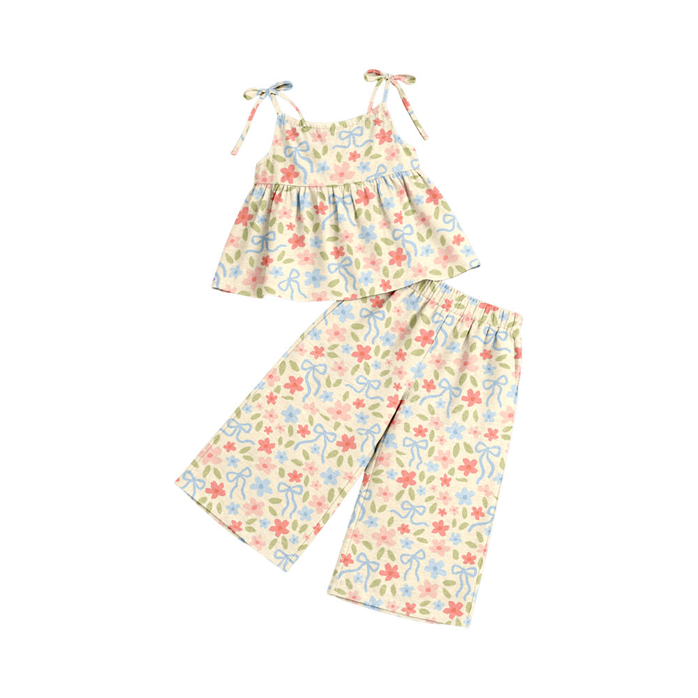 Preorder (moq 5)Baby Girls Strap Colorful Flowers Bows Tunic Flare Pants Clothes Sets