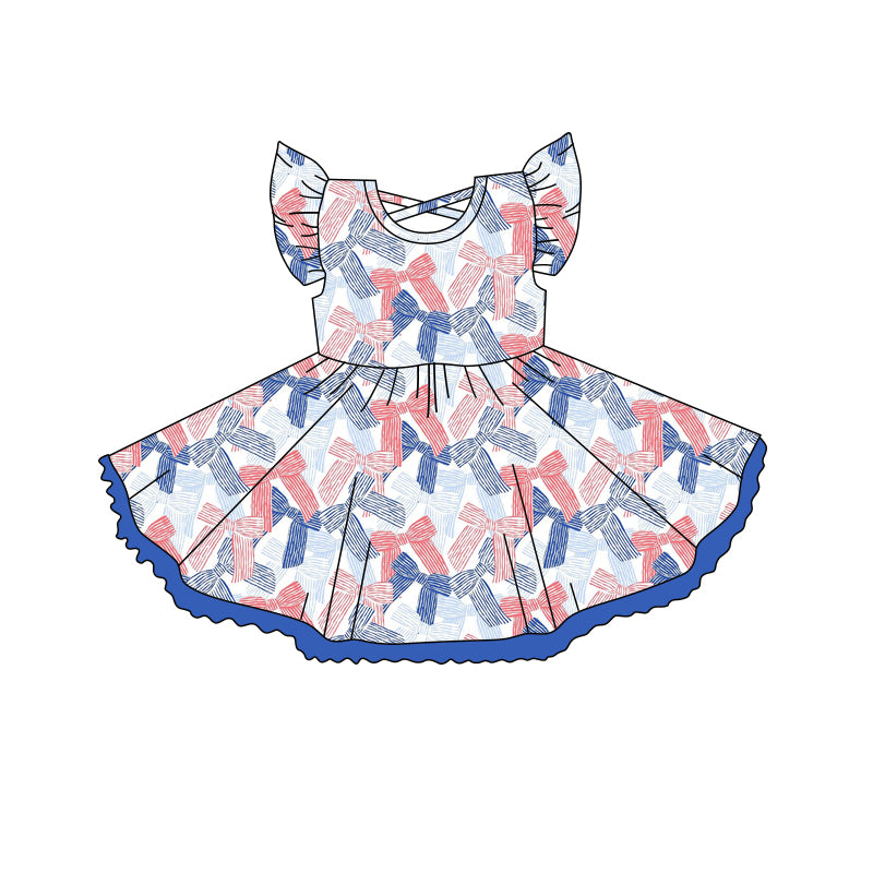 Baby Girls Flutter Sleeves Blue Red Stripe Bows 4th Of July Knee Length Dresses Preorder