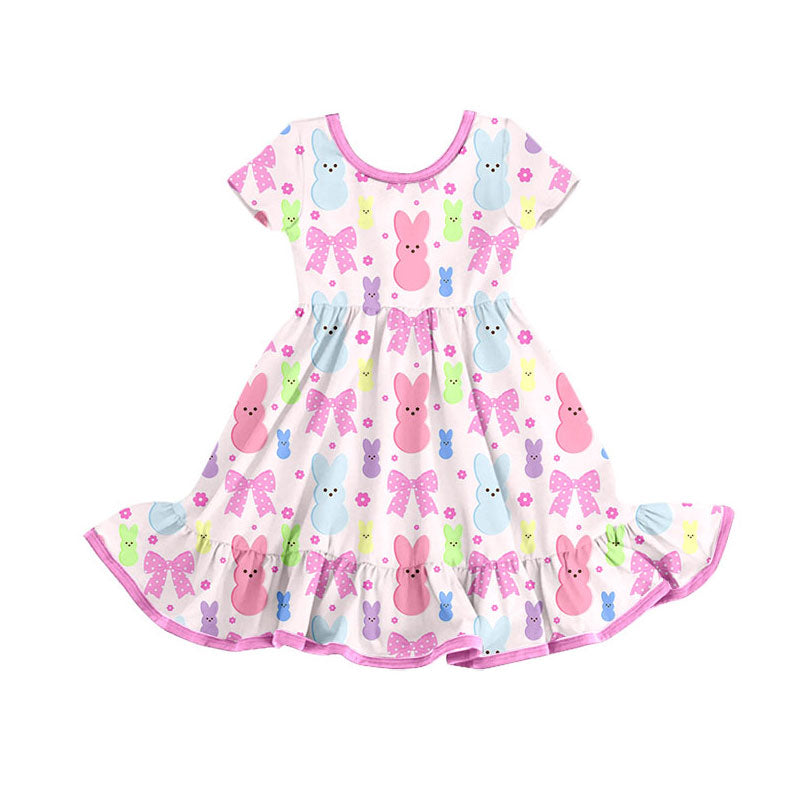 Preorder(moq 8)Baby Girls Colorful Rabbits Flowers Easter Ruffle Knee Length Dresses