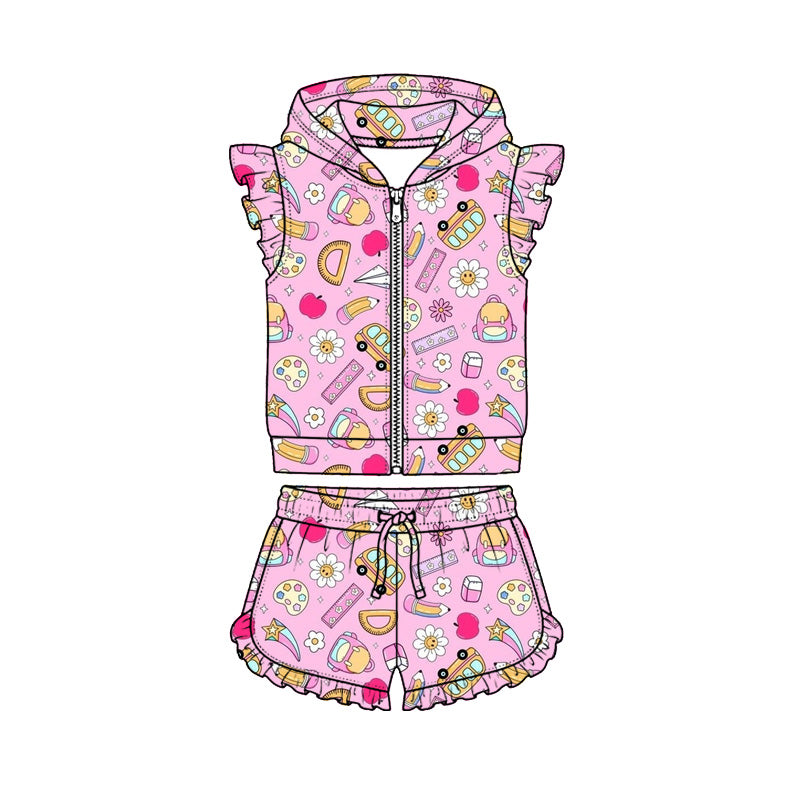 Preorder (moq 5)Baby Girls Flowers Pencils Hoodie Zip Jacket Ruffle Short Back to School Clothes Sets