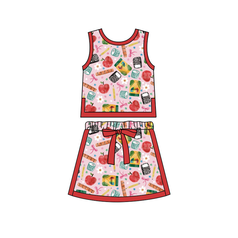 Preorder moq 5 Baby Girls Apples Pencils Vests Skirt Shorts Back to School Clothes Set