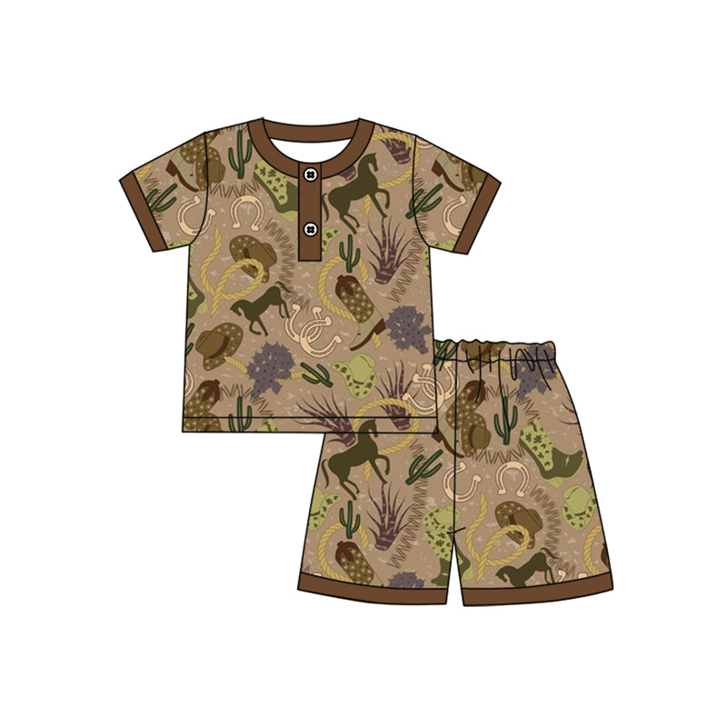 Preorder (moq 5)Baby Boys Olive Short Sleeves Horse Hats Button Top Shorts Pajamas Sets