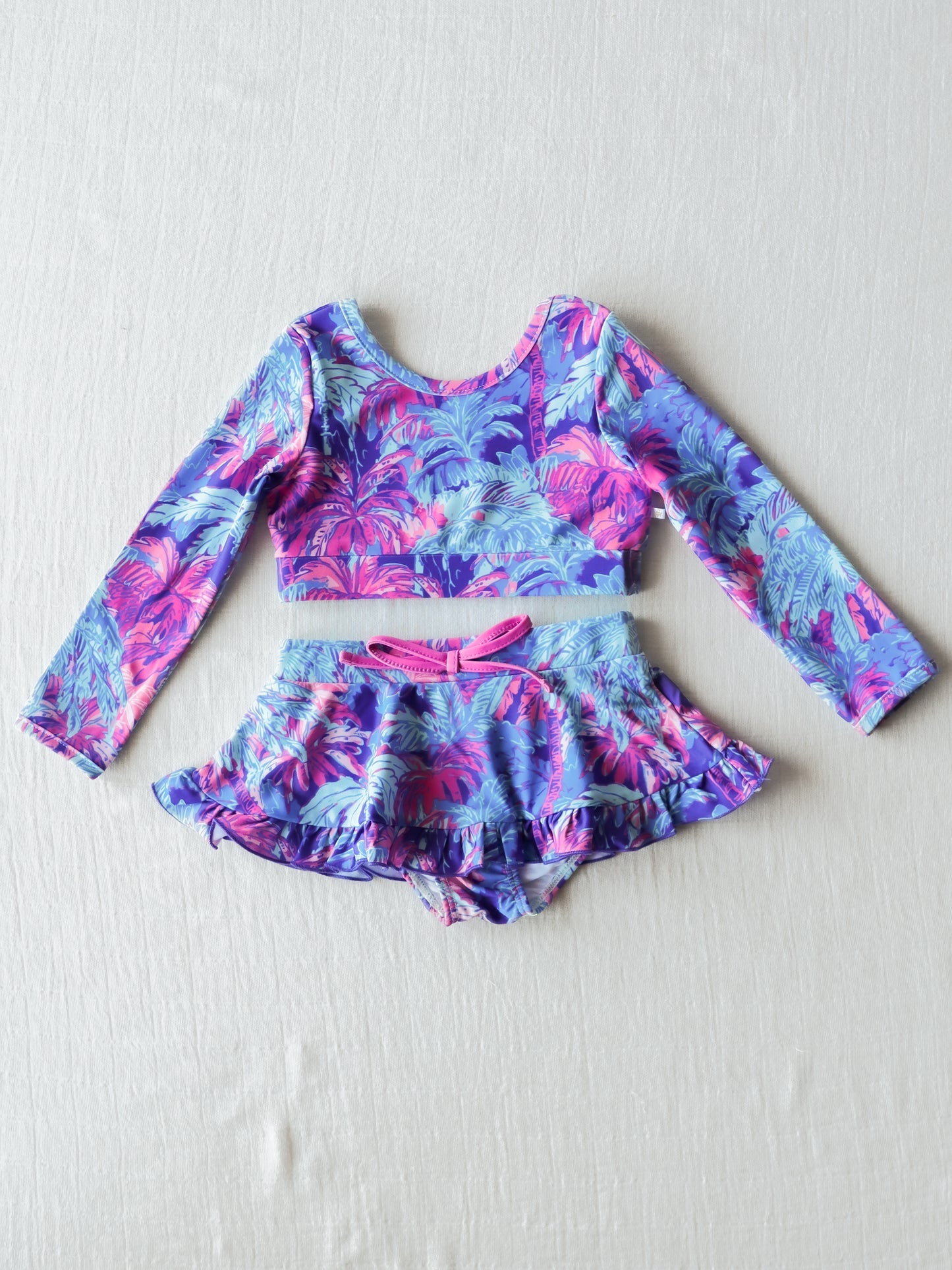 Baby Girls Purple Leaves Long Sleeve Bummies 2pcs Swimsuits Preorder (moq 5)