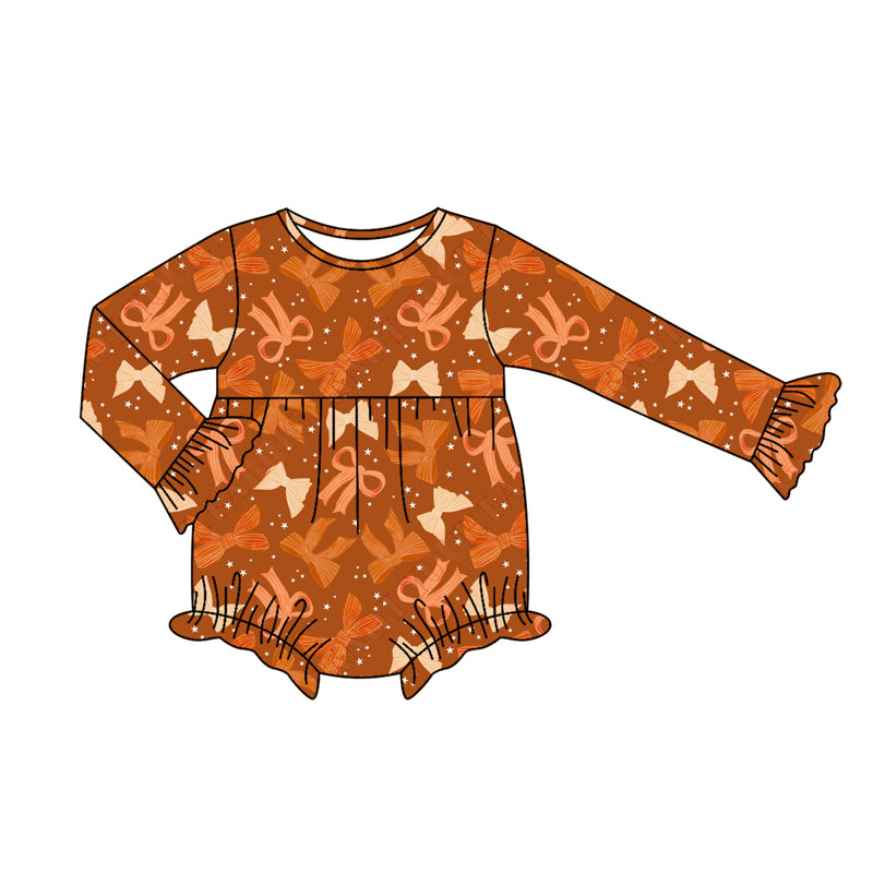 Preorder moq 5 Baby Infant Girls Long Sleeves Orange Bows Plaid Ruffle Romper