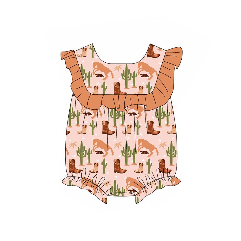 Preorder (moq 5)Baby Girls Pink Ruffle Sleeves Cactus Boots Ruffle Rompers