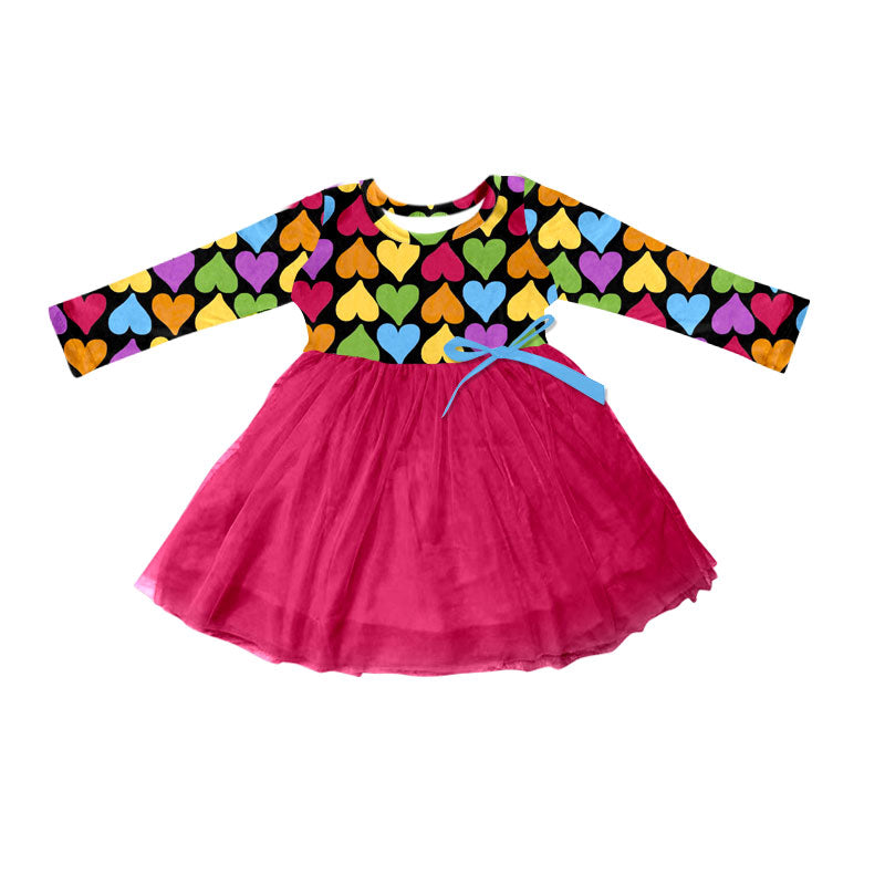 Preorder (moq 5)Baby Girls Colorful Hearts Long Sleeve Valentine Tulle Knee Length Dresses