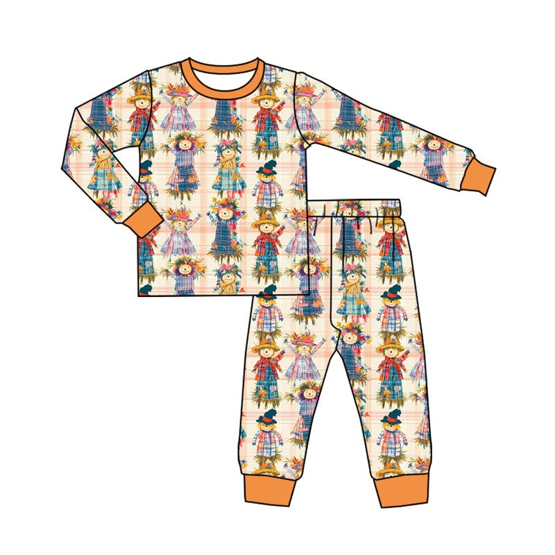 Preorder (moq 5)Baby Girls Orange Plaid Scarecrows Top Pant Pajamas Set