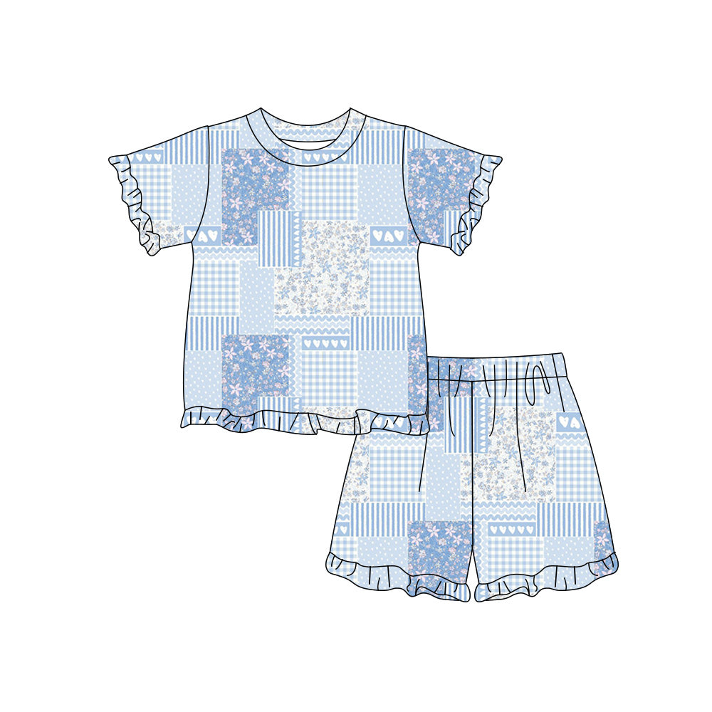 Preorder (moq 5)Baby Girls Colorful Checked Flower Hearts Top Ruffle Short Clothes Sets