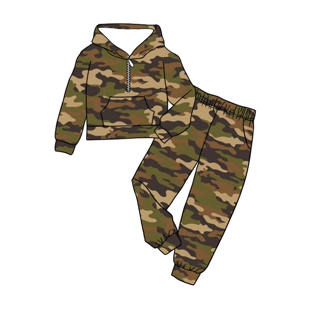 Preorder (moq 5)Baby Boys Green Camouflage Zipper Pullovers Pockets Jogging Sets