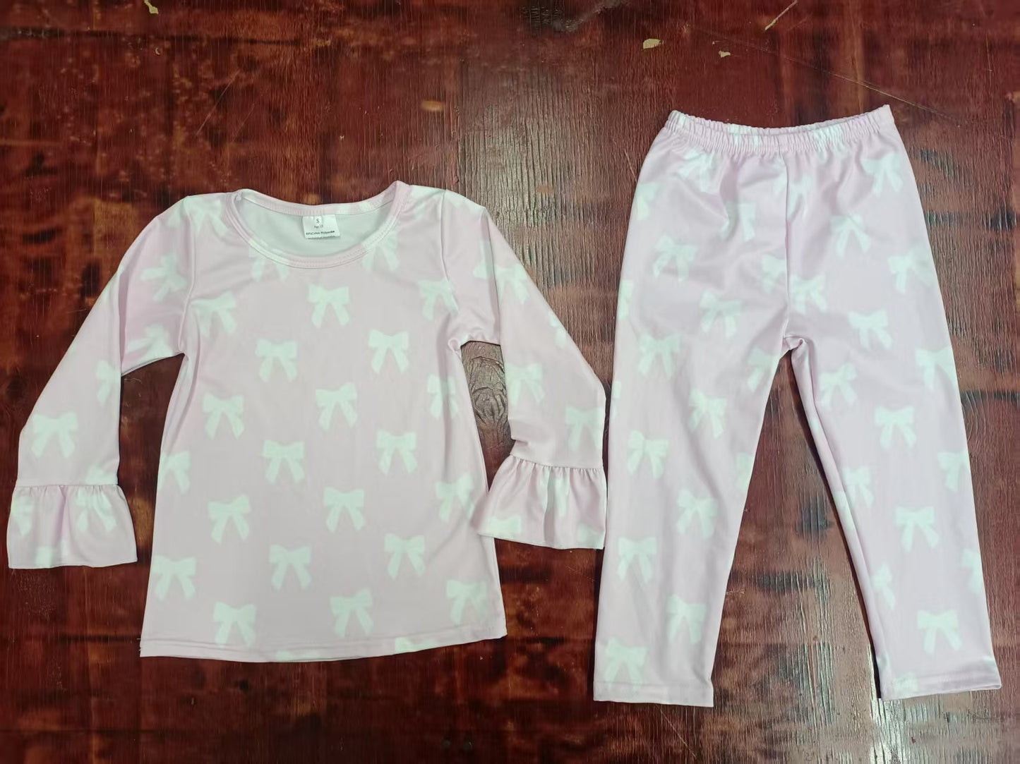 Preorder moq 5 Baby Girls Pink Long Ruffle Sleeves Bows Top Pant Pajamas Set