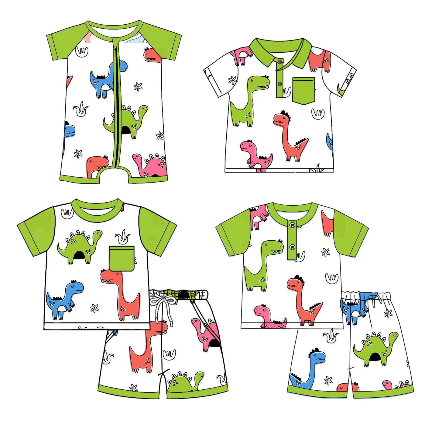 Preorder moq 5 Custom Baby Boys Aqua Short Sleeves Colorful Dinosaurs Top Short Pajamas Set Polo Shirts And Zipper Rompers