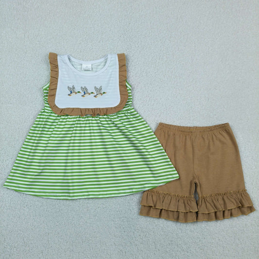 Embroidery Ducks Baby Girls Sleeveless Stripe Tunic Ruffle Short Clothes Sets
