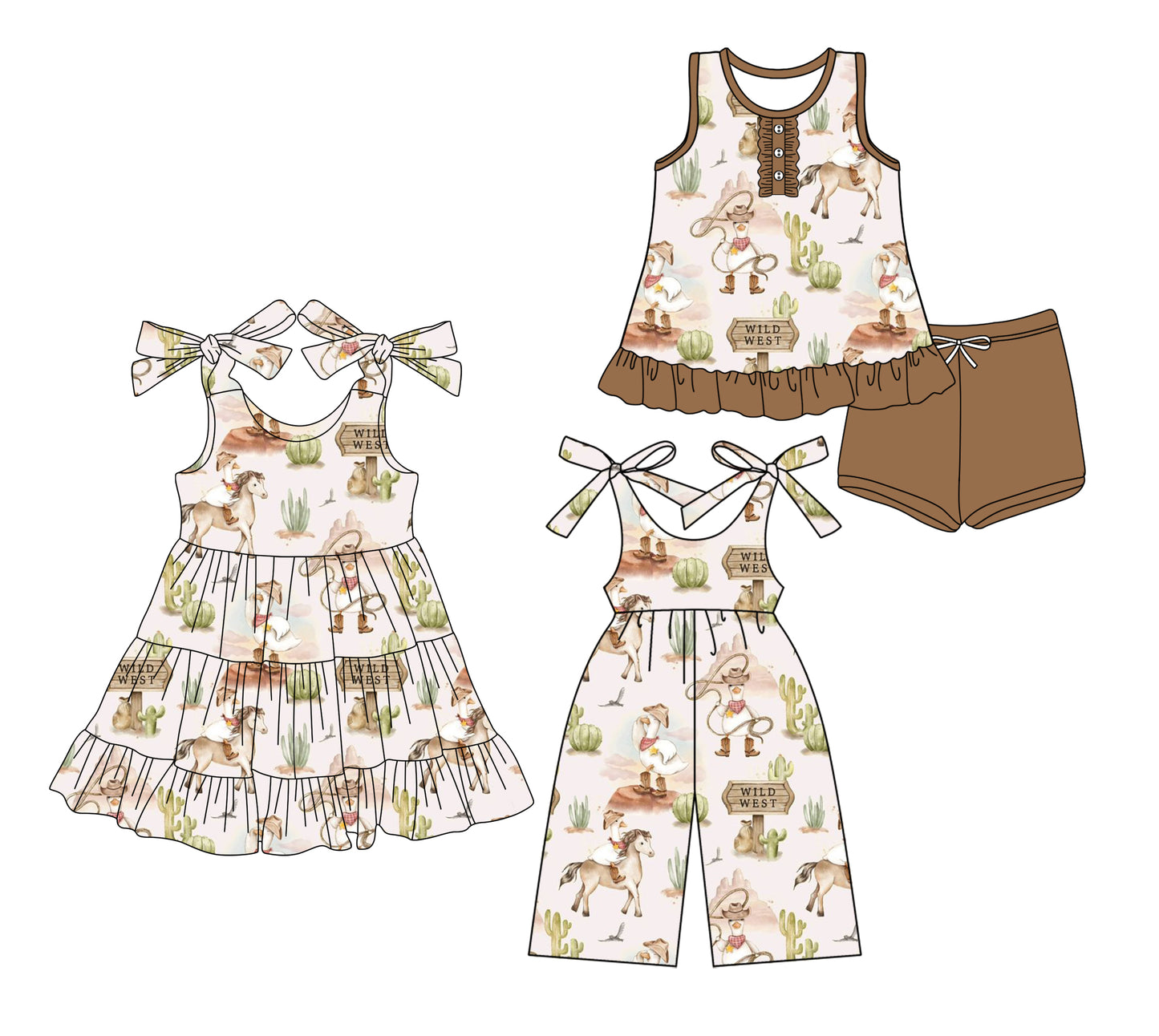 Preorder moq 5 Custom Baby Girls Brown Cactus Horse Button Tunic Polka Dots Short Set Knee Length Dress Jumpsuits