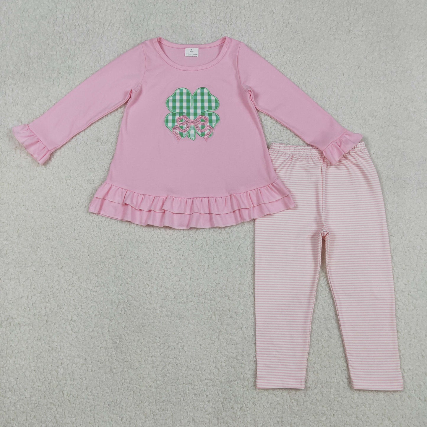 Embroidery Bow Clovers Baby Girls Tunic Stripe Leggings St Patrick Clothes Sets