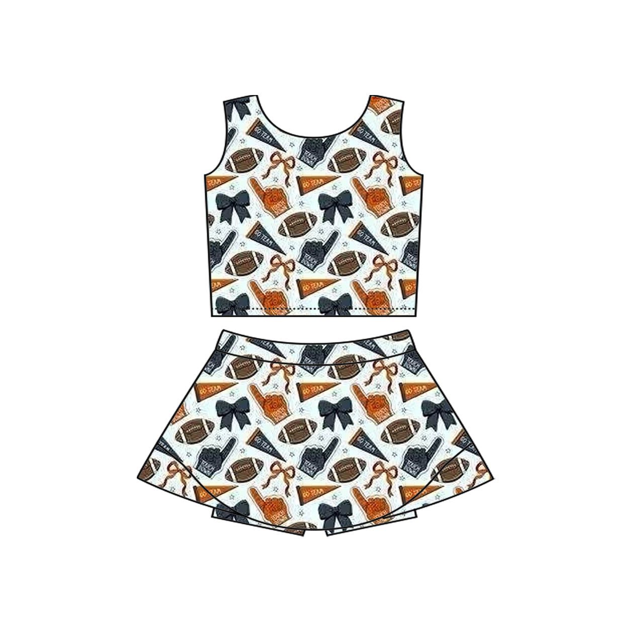 Preorder moq 5 Baby Girls Sleeveless Football Bows Cheer Vest Top Skorts Team Set