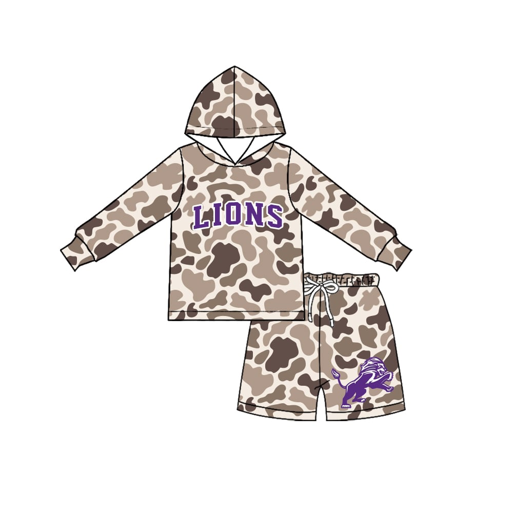 Preorder (moq 5) Baby Boys Khaki Camo Lions Hoodies Shorts Team Clothes Sets