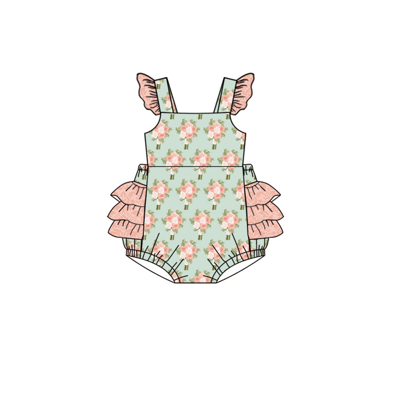 Preorder(moq 5)Baby Infant Girls Green Pink Flowers Ruffles Rompers