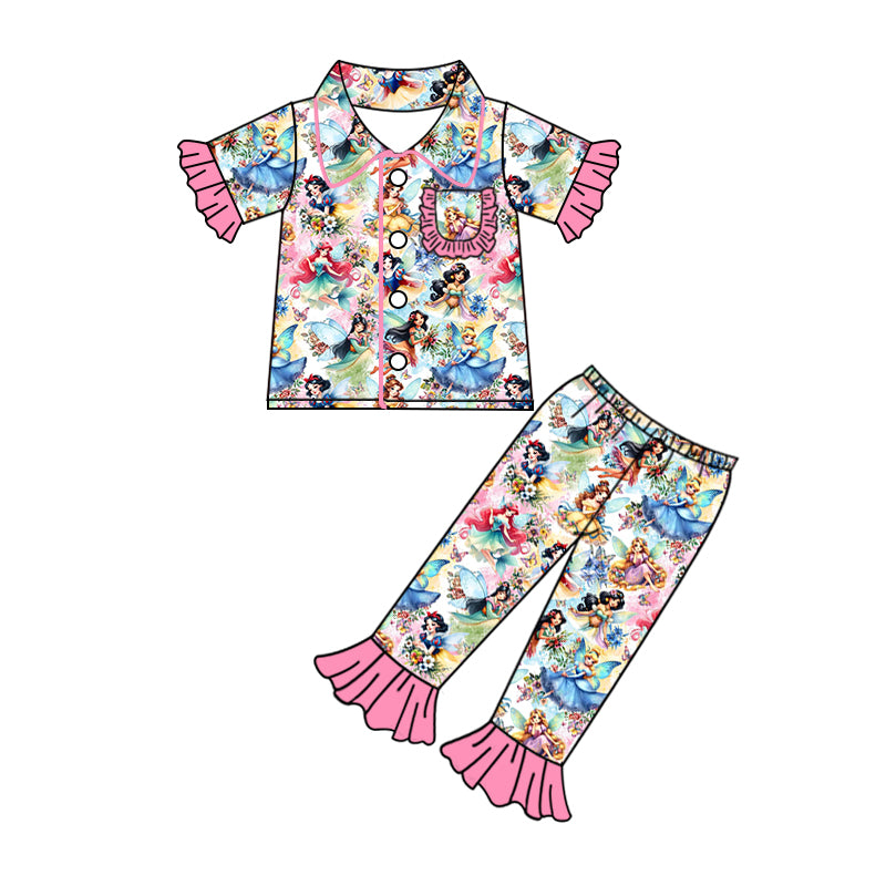 Preorder (moq 5)Baby Girls Pink Princess Pocket Buttons Top Pants Pajamas Clothes Sets