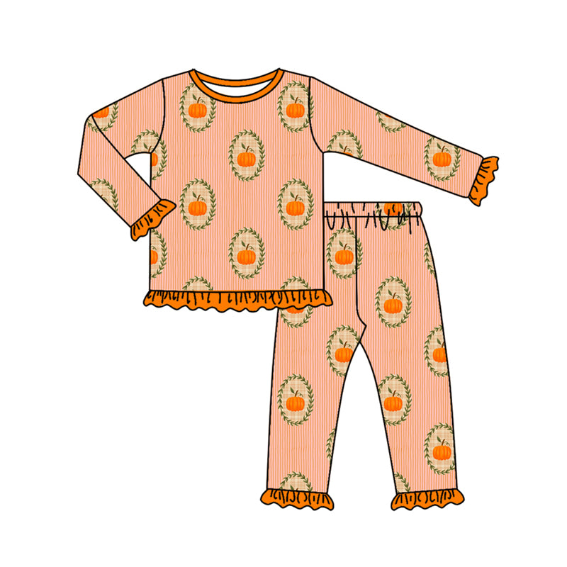 Preorder (moq 5)Baby Girls Long Ruffle Sleeves Pumpkins Plaid Top Pants Pajamas Set