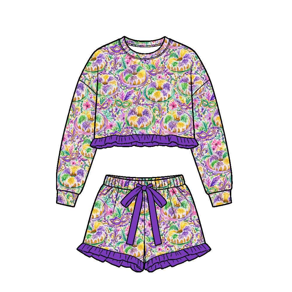 Preorder (moq 5) Baby Girls Anchors Masks Long Sleeve Top Ruffle Short Mardigras Set