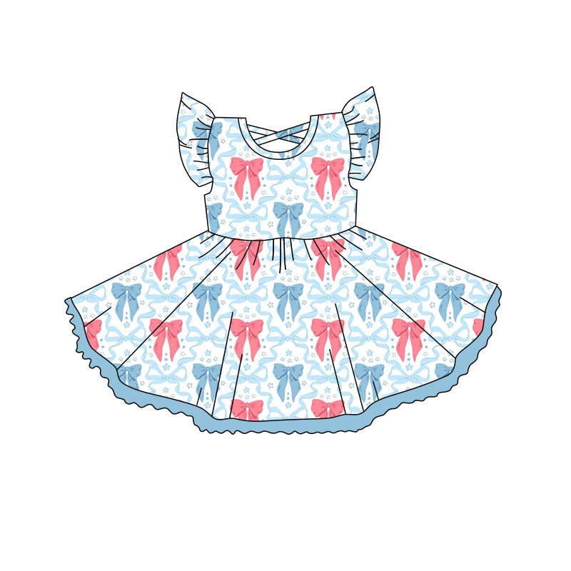 Baby Girls Flutter Sleeves Blue Red Stars Bows 4th Of July Knee Length Dresses Preorder