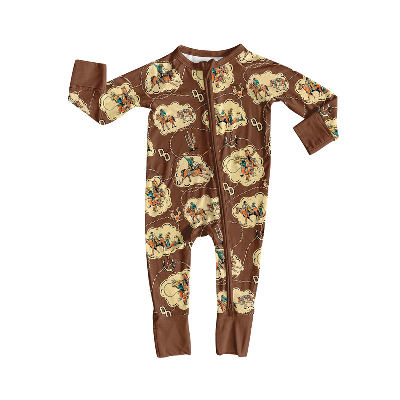 Preorder moq 5 Baby Infant Boys Long Sleeves Brown Horse Rodeos Cactus Plaid Zipper Romper