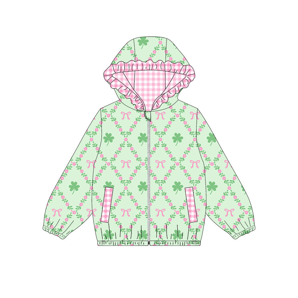 Preorder (moq5) Baby Girls Clovers Bows Checked Zip Pickets St Patrick Ruffle Hoodies Jacket Top