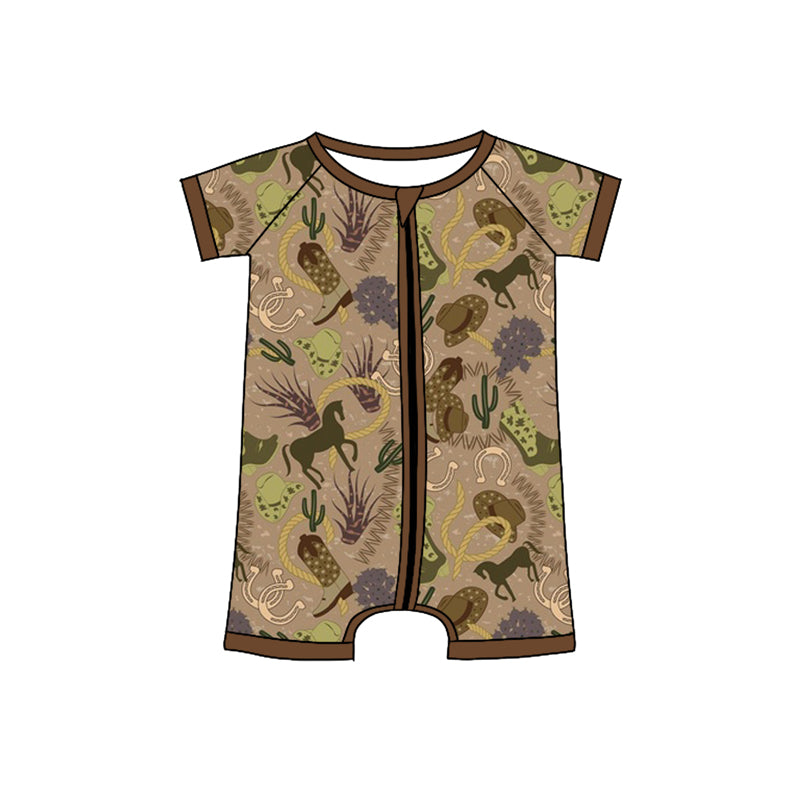 Preorder(moq 5)Baby Infant Boys Olive Short Sleeves Boots Horses Zipper Summer Rompers