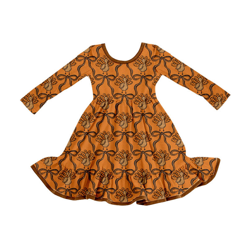 Preorder (moq 5)Baby Girls Brown Bows Turkey Plaid Thanksgiving Ruffle Knee Length Dress