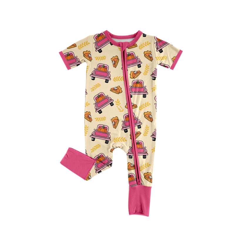 Preorder (moq 5)Baby Girls Pink Short Sleeves Pie Pumpkins Trucks Plaid Zipper Romper