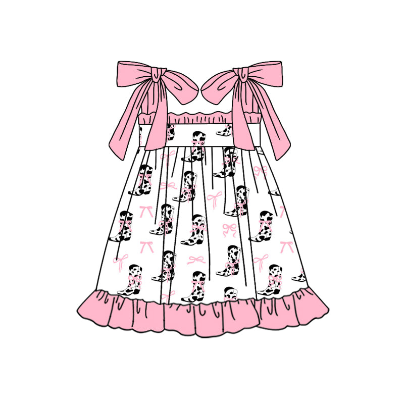 Preorder (moq 5)Baby Girls Pink Strap Cow Print Boots Bows Knee Length Dresses