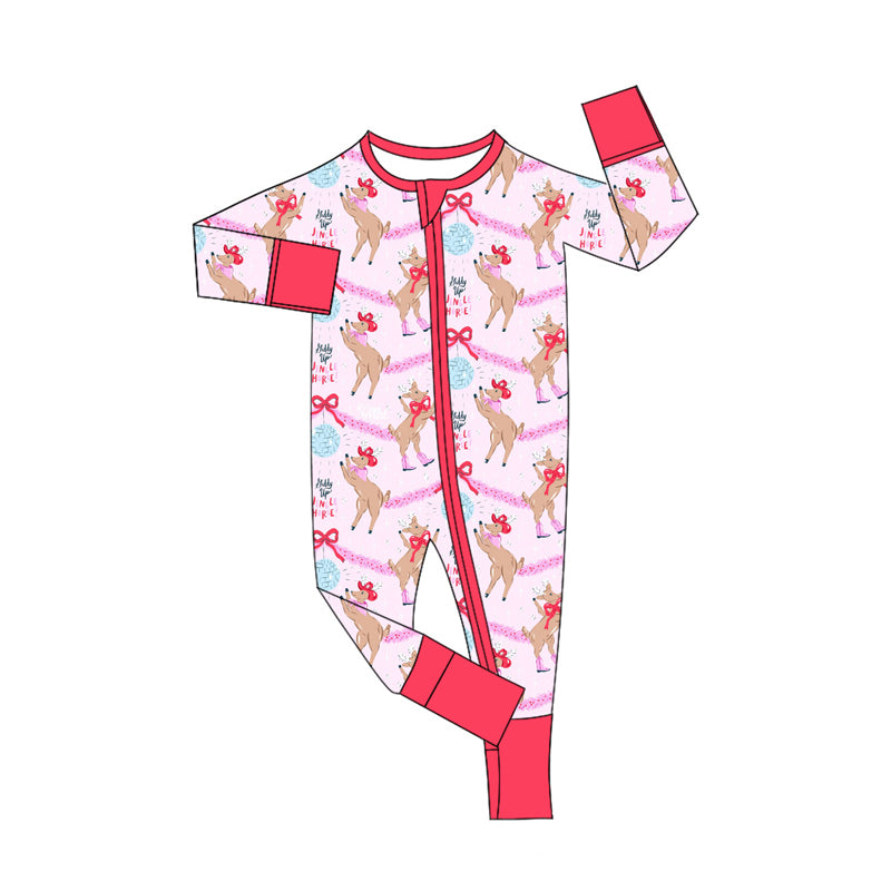 Preorder (moq 5)Baby Girls Pink Long Sleeves Bows Deer Zipper Rompers