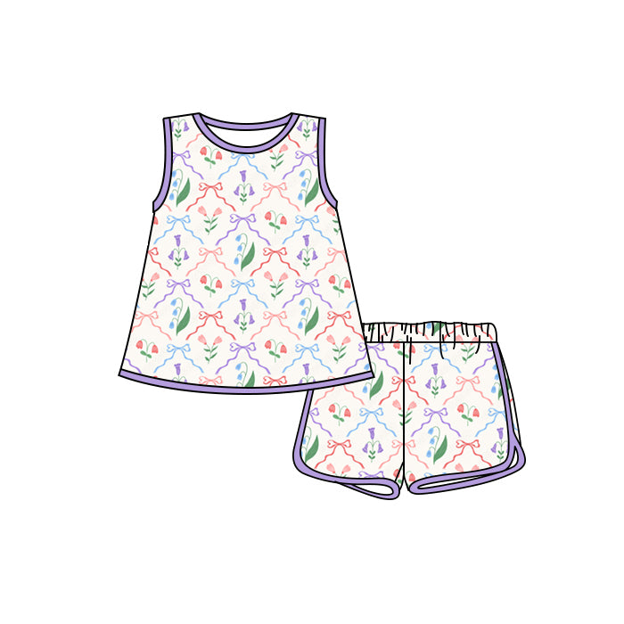 Preorder moq 5 Baby Girls Purple Sleeveless Bows Flowers Tunic Short Set