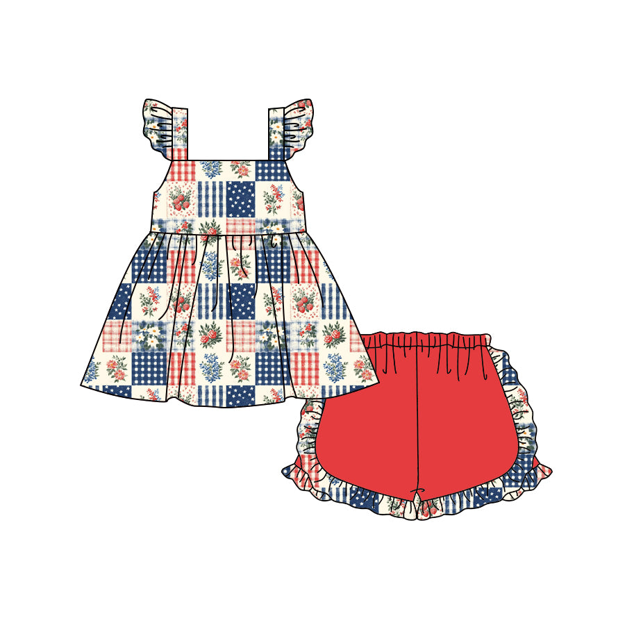 Preorder (moq 5)Baby Girls Flutter Sleeve Flowers Checked Tunic Red Short Clothes Sets