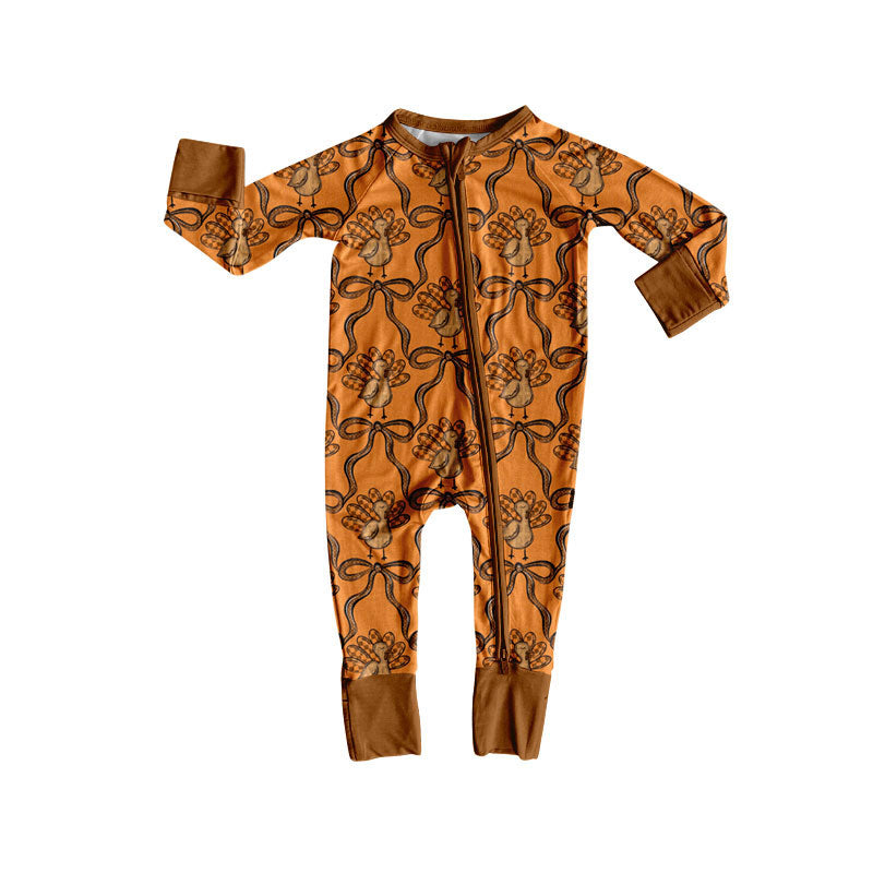 Preorder(moq 5)Baby Girls Brown Bows Turkey Plaid Thanksgiving Zipper Footie Rompers