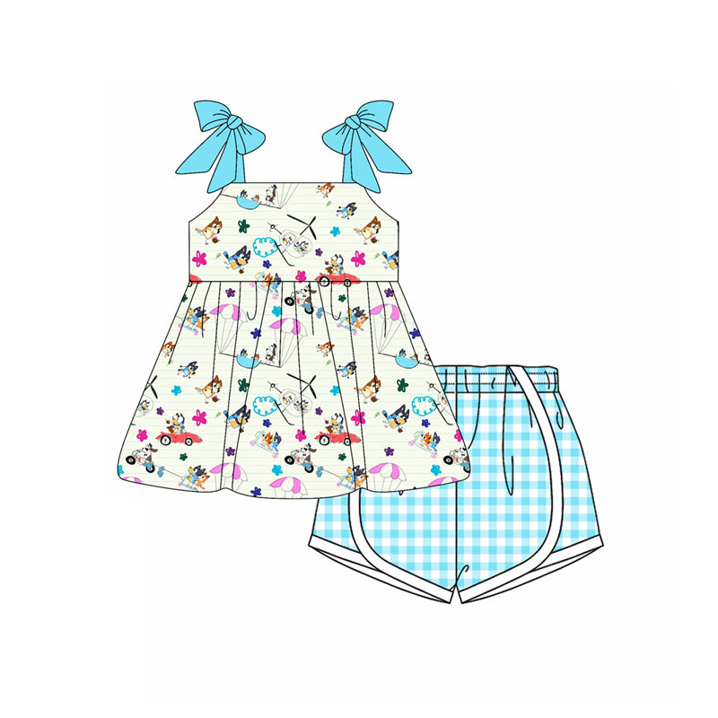 Preorder moq 5 Baby Girls Aqua Strap Cartoon Dogs Beach Tunic Plaid Short Set
