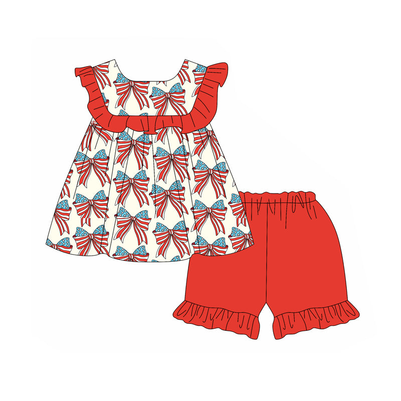 Preorder (moq 5)Baby Girls 4th Of July Bows Tunic Top Shorts Clothes Sets
