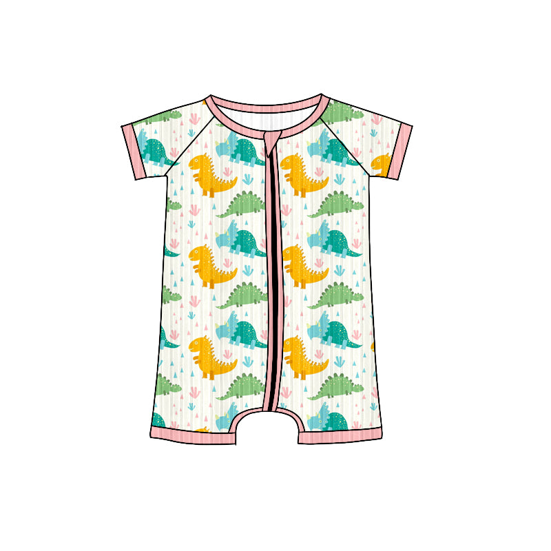 Preorder (moq 5)Baby Boys Pink Short Sleeves Dinosaurs Zipper Shorts Rompers