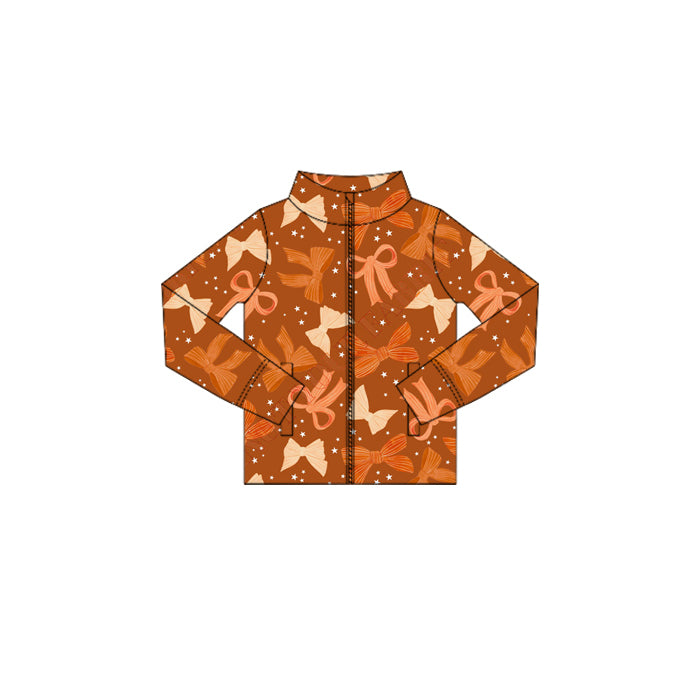 Preorder (moq 5)Baby Girls Long Sleeves Orange Bows Plaid Zipper Pockets Jackets Top